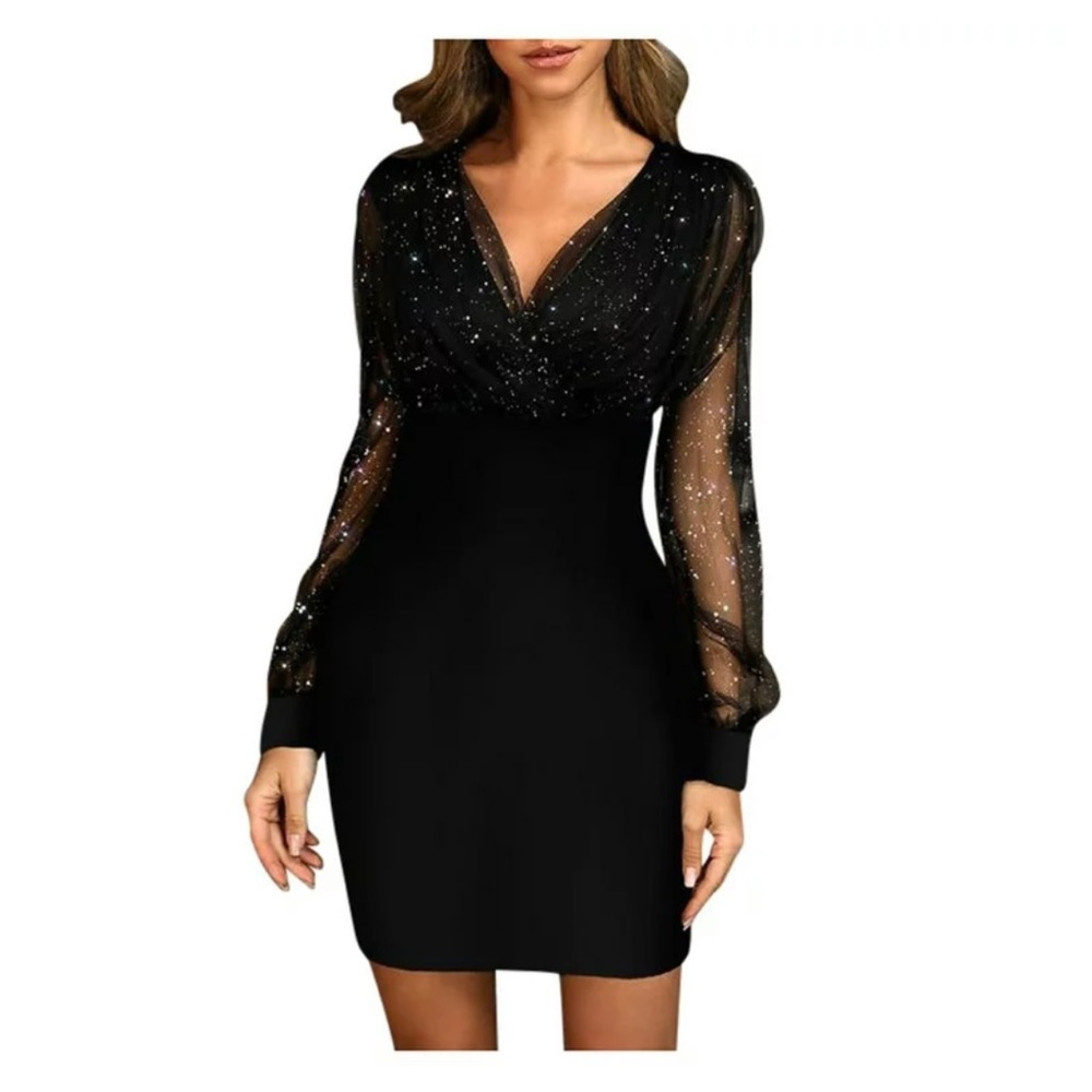 Anysense Sexy V-Neck Mesh Long Sleeve Solid Color Sequin Bodycon Dress | NWOT
